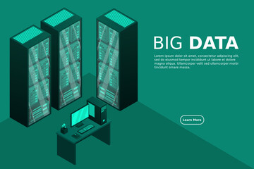 Web hosting and big data processing, server room rack. Concept of data center isometric.