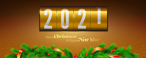 Merry Christmas and Happy New Year. New 2021 is coming. Scoreboard is decorated fir branches. New years headers for website. Vector 3d illustration.