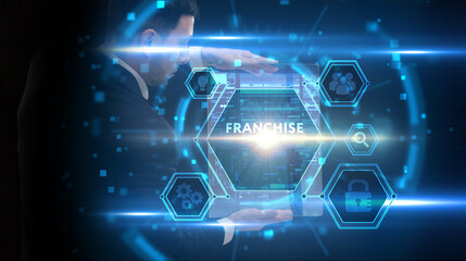 Business, Technology, Internet and network concept. Young businessman working on a virtual screen of the future and sees the inscription: Franchise