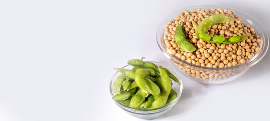 Edamame beans or green soybeans on the white background in Brazil