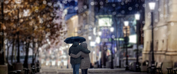 a couple of the city rainy night scene landscape.