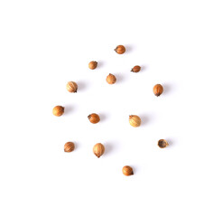Coriander seeds isolated on white background top view