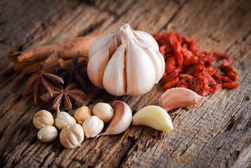 thai herbs with ingredients on wood