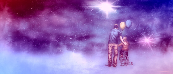 Obraz premium Father learn his little son to ride a bicycle. Ink sketch effect. Deep space with stars and nebula