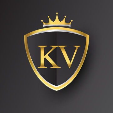 Initial logo letter KV with shield and crown Icon golden color isolated on black background, logotype design for company identity.