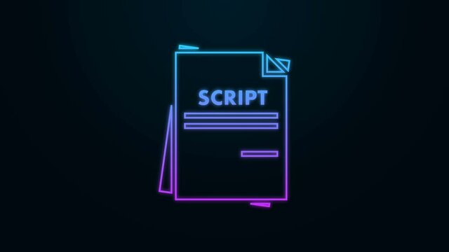 Glowing neon line Scenario icon isolated on black background. Script reading concept for art project, films, theaters. 4K Video motion graphic animation