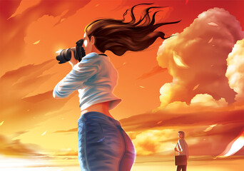 Vector illustration of the lady photographer is taking a photo of the beautiful sunset and the farther man is stealing her glance - obrazy, fototapety, plakaty