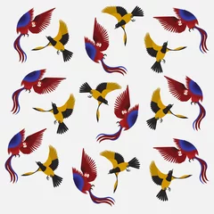 Zelfklevend behang Vlinders Tropisch rood en geel vogelspatroon