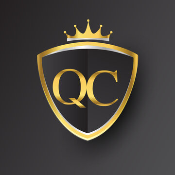 Initial logo letter QC with shield and crown Icon golden color isolated on black background, logotype design for company identity.