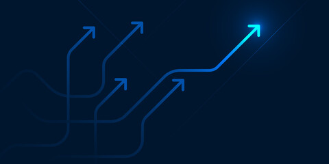 Glow up devious arrows on dark blue background with copy space business growth concept