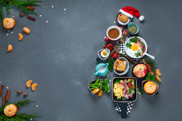 Fototapeta na wymiar Christmas tree made of breakfast menu