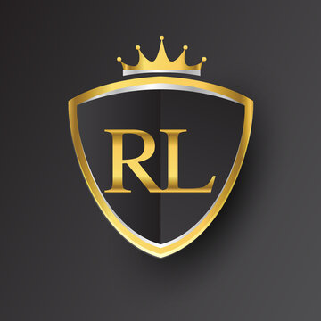 Initial logo letter RL with shield and crown Icon golden color isolated on black background, logotype design for company identity.