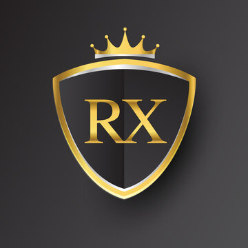 Initial logo letter RX with shield and crown Icon golden color isolated on black background, logotype design for company identity.