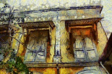 Fototapeta na wymiar Yellow ancient building neoclassical architectural style Illustrations creates an impressionist style of painting.