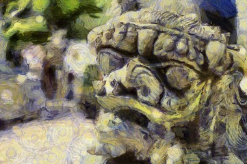 Chinese ancient stone lion statue Illustrations creates an impressionist style of painting.