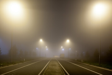 Road with lights in the fog
