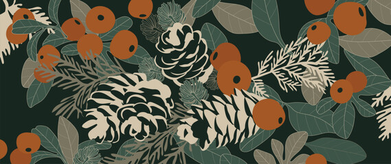 Pine branches and cones background. Winter and autumn hand draw wall art. Luxury wallpaper design for winter and holiday season, christmas tree, fabric and print. Vector illustration.