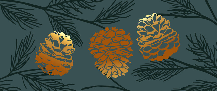 Pine branches and cones background. Winter and autumn hand draw wall art. Luxury wallpaper design for winter and holiday season, christmas tree, fabric and print. Vector illustration.