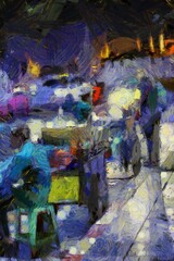 Fototapeta na wymiar Landscape of people at night in Bangkok Illustrations creates an impressionist style of painting.