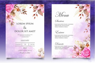 Fototapeta na wymiar Elegant watercolor floral wedding invitation card set