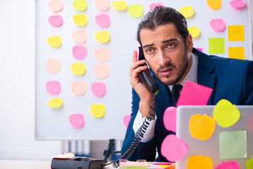 Young male employee in conflicting priorities concept