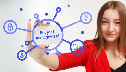 Business, Technology, Internet and network concept. Young businessman working on a virtual screen of the future and sees the inscription: Project management