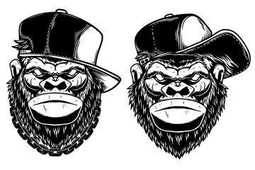 Set of Illustrations of head of angry gorilla with baseball cap and sunglasses in vintage monochrome style. Design element for logo, emblem, sign, poster, card, banner. Vector illustration © liubov