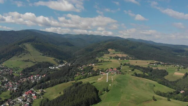 Flying over mountain Polom in Beskid Sadecki Mountains near village Rytro, Poland. View of Radziejowa Range.