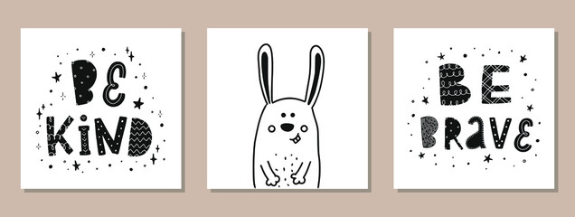 set of nursery prints, posters with hand lettering quotes and drawn animal / character - rabbit on white background. Good for cards, stickers, clothes prints, banners, signs, etc. EPS 10 © Натали Осипова
