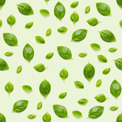 Italian Basil leaf herb seamless pattern on green background, Creative seamless pattern made from fresh green basil flat lay layout.