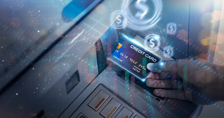 Modern technology banking money financial management saving funds inserting credit card into ATM machine withdrawing cash, bank account information transaction transfer, futuristic graphics and icon