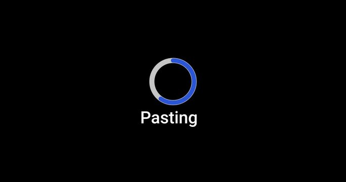 Pasting progress bar computer screen animation loop isolated on black background with blue progress Paste indicator in 4K. Computer loading screen