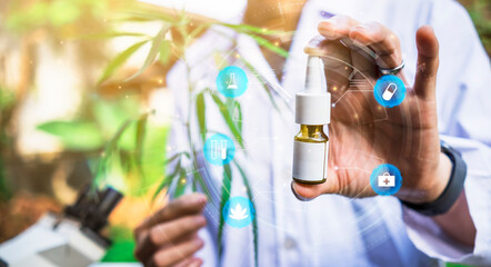 Medical healthcare scientist outdoor holding extraction bottle with cannabis plant purified researching for mediational usage herbal benefits for biological mental disease, man lab coat graphical icon