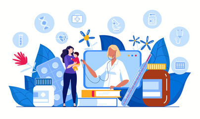 Online doctor consultation concept. Ask a doctor. Family doctor online. Medical diagnostics via the Internet. Mother and child talking, consulting a doctor using a tablet. Vector flat illustration.