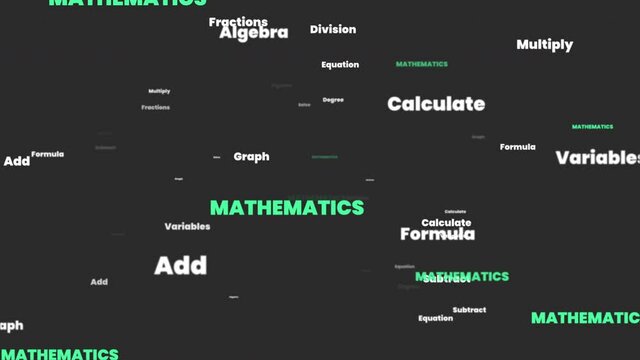 Mathematics word cloud - flying through Math related keywords - Fractions Solve Subtract Calculate Division Degree Graph Variables Equation Add Addition Algebra Formula Multiply - 4K seamless loop