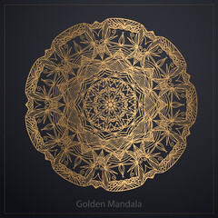 Golden mandala isolated on black background. Vector illustration.