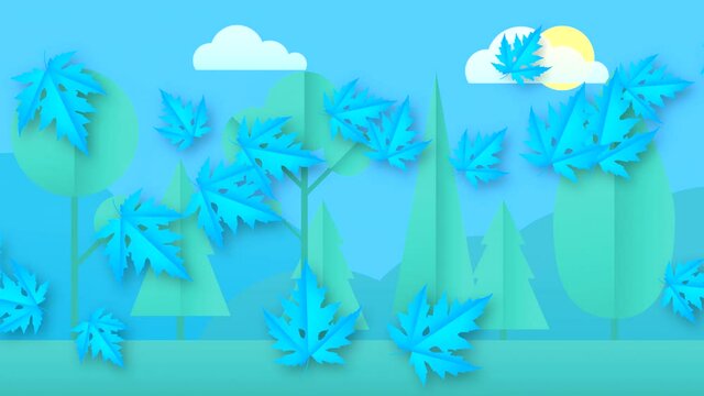 Abstract video with falling horizontally colorful leaves on a nature background with clouds and sun. Hand-drawn 2D animation in high quality 4K.