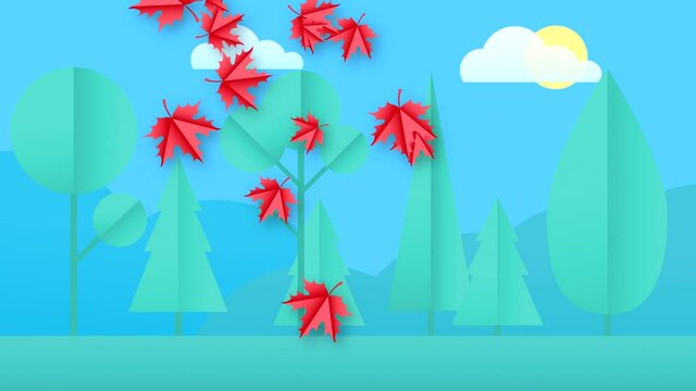 Abstract video with falling horizontally colorful leaves on a nature background with clouds and sun. Hand-drawn 2D animation in high quality 4K.