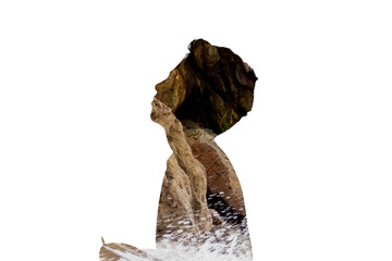 Multiple exposure digital composite with a silhouette of a person in profile and colorful rocks and cliff.
