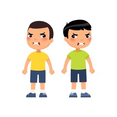 Angry little boys flat vector illustration. Furious asian children quarrel, aggressive kids arguing cartoon characters. Kids with mad face expression isolated on white background