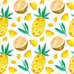 Pineapples and Coconuts drawings seamless pattern. Summer tropical fruits hand drawn texture. Watercolor creative wallpaper, wrapping paper, textile design, scrapbooking, digital paper.