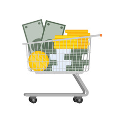 Cart and a mountain of money. Basket with gold coins and bundles of money. The concept of a successful business, earnings and wealth. Isolated. Vector.