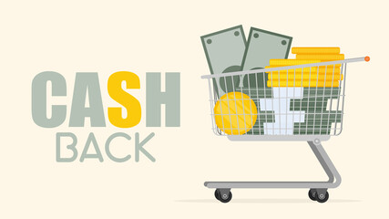 Cashback banner. A cart and a mountain of money. Basket with gold coins and bundles of money. Vector.