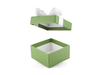 open empty green gift box with ribbon bow (lid floating) isolated on white background, square cardboard box wrapped with olive green paper and simple bow for put present in holiday festive