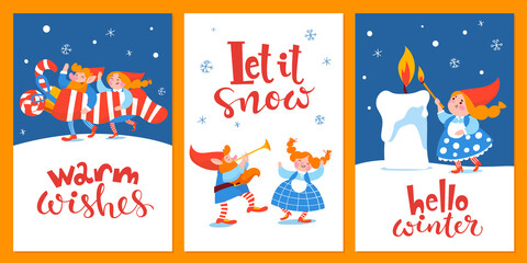 Cartoon Christmas hygge card with funny gnomes and lettering.