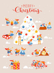 Cartoon Christmas hygge card with funny gnomes and lettering.