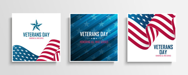 United States Veterans Day celebrate cards set with american waving national flag. Honoring all who served. Vector illustration.