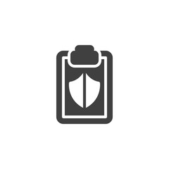 Insurance document vector icon. filled flat sign for mobile concept and web design. Clipboard document with shield glyph icon. Symbol, logo illustration. Vector graphics