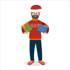 A man with a beard in a warm red sweater, in a Christmas hat of Santa Claus holding gifts, color vector illustration isolated on a white background, clipart, banner, design