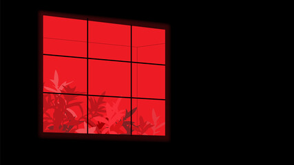 Aesthetic neon red window and tropical plants, nostalgic 80s night vibe minimal illutstration